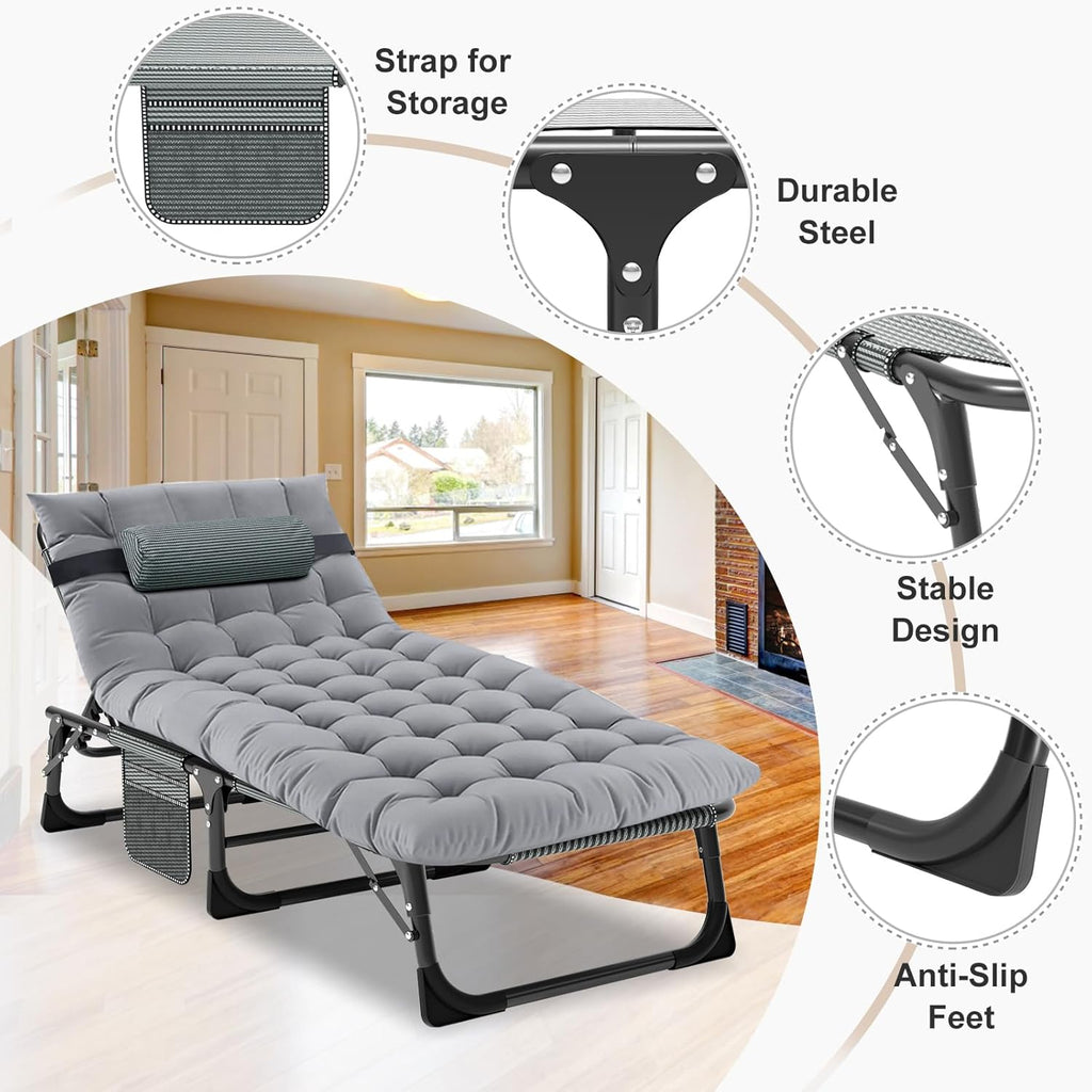 MOPHOTO Chaise Longue Pliable pour Jardin avec Matelas, Dossier et Repose-Pieds réglables, Chaise Pliante Portable pour intérieur et extérieur, Chaise Longue pour Bronzer(1 Paquet)