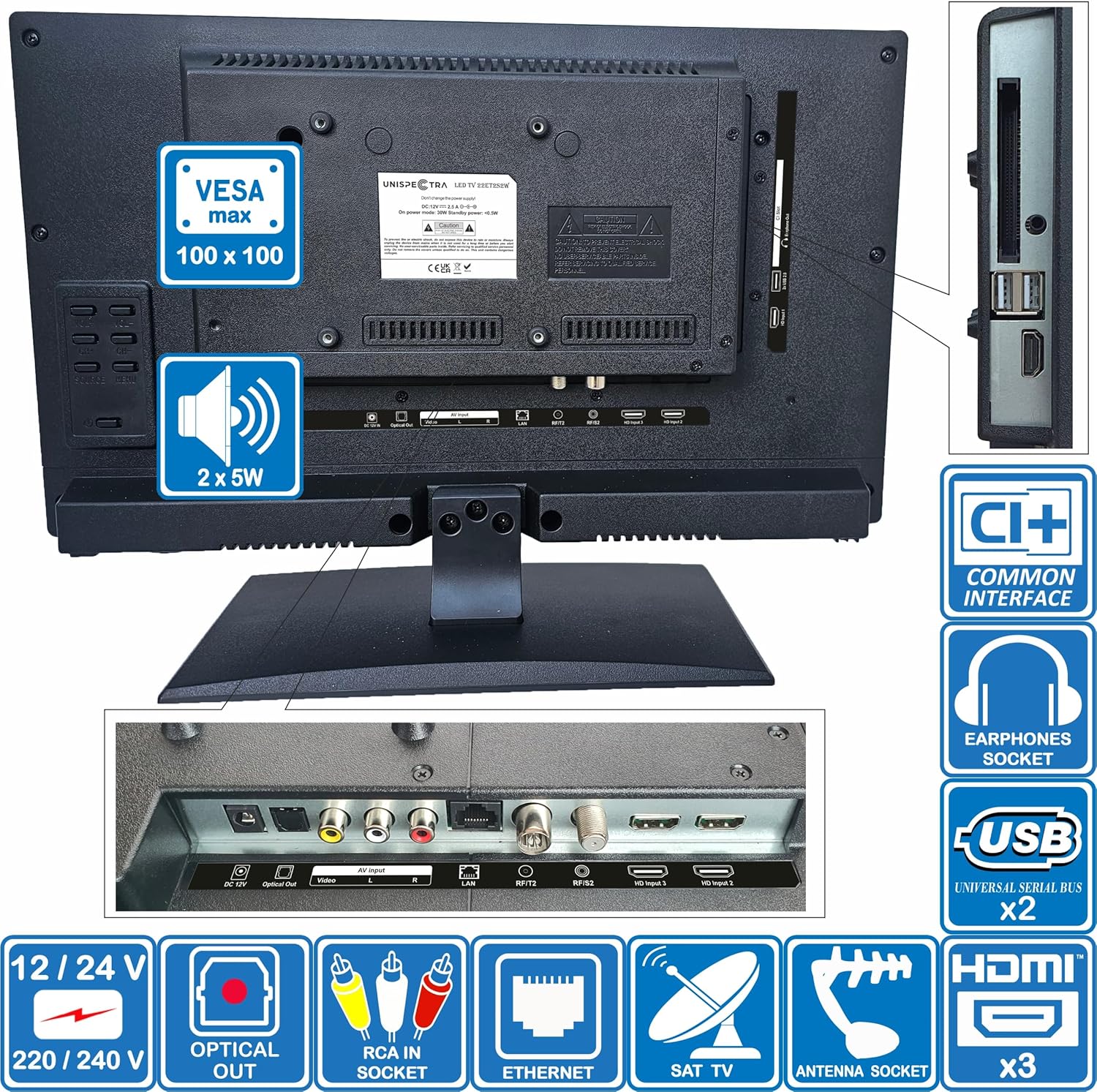 Unispectra WebOS Smart TV 22" 12 V ELED Full HD 240 V TV Freeview & SAT Tuner 3 x HDMI, 2 x USB, Magic Remote. Téléviseurs pour camping-cars, caravanes, camions et camionnettes