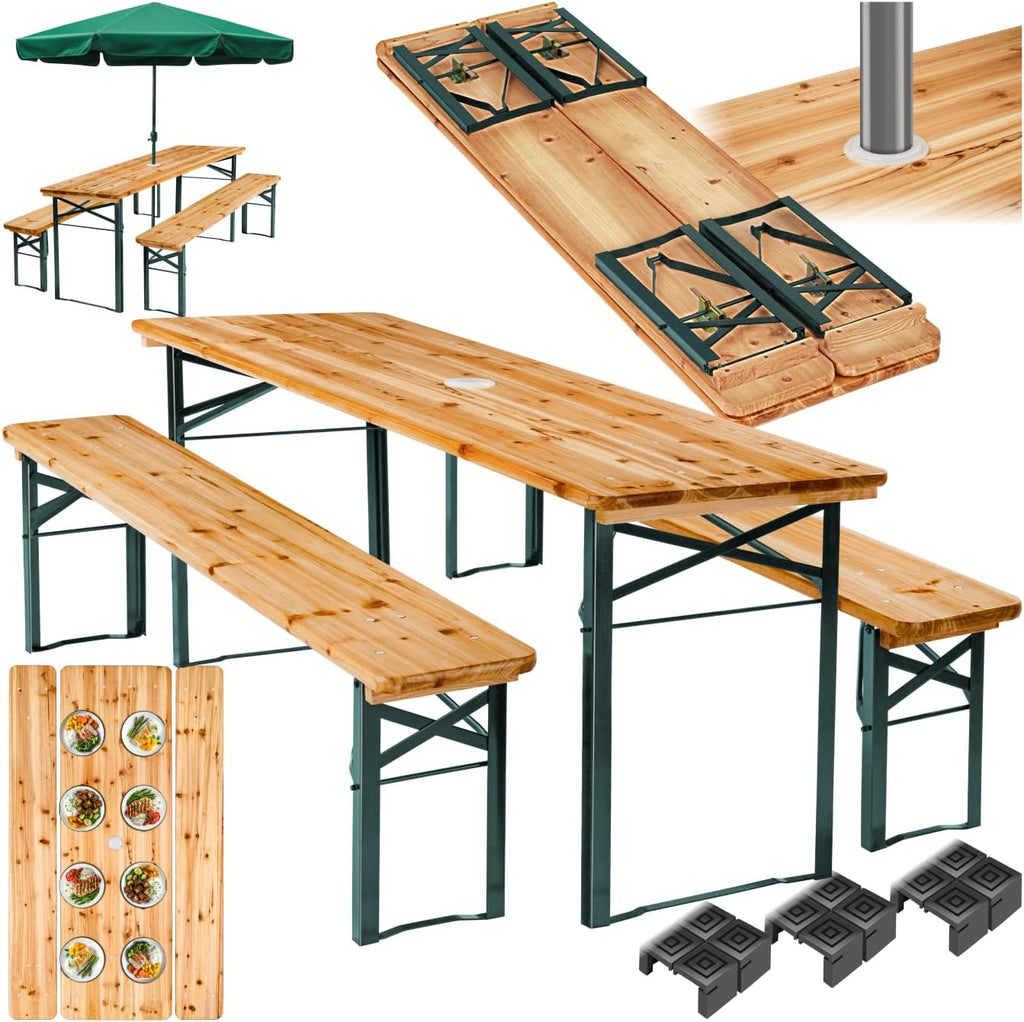 tectake® Ensemble de Table extérieure et Banc en Bois de Brasserie 3 pcs. Salon de Jardin Pliable & Peu encombrant, avec Support Parasol, Mobilier Solide pour Pique Nique Réceptions Barbecue Mariage