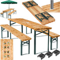 tectake® Ensemble de Table extérieure et Banc en Bois de Brasserie 3 pcs. Salon de Jardin Pliable & Peu encombrant, avec Support Parasol, Mobilier Solide pour Pique Nique Réceptions Barbecue Mariage