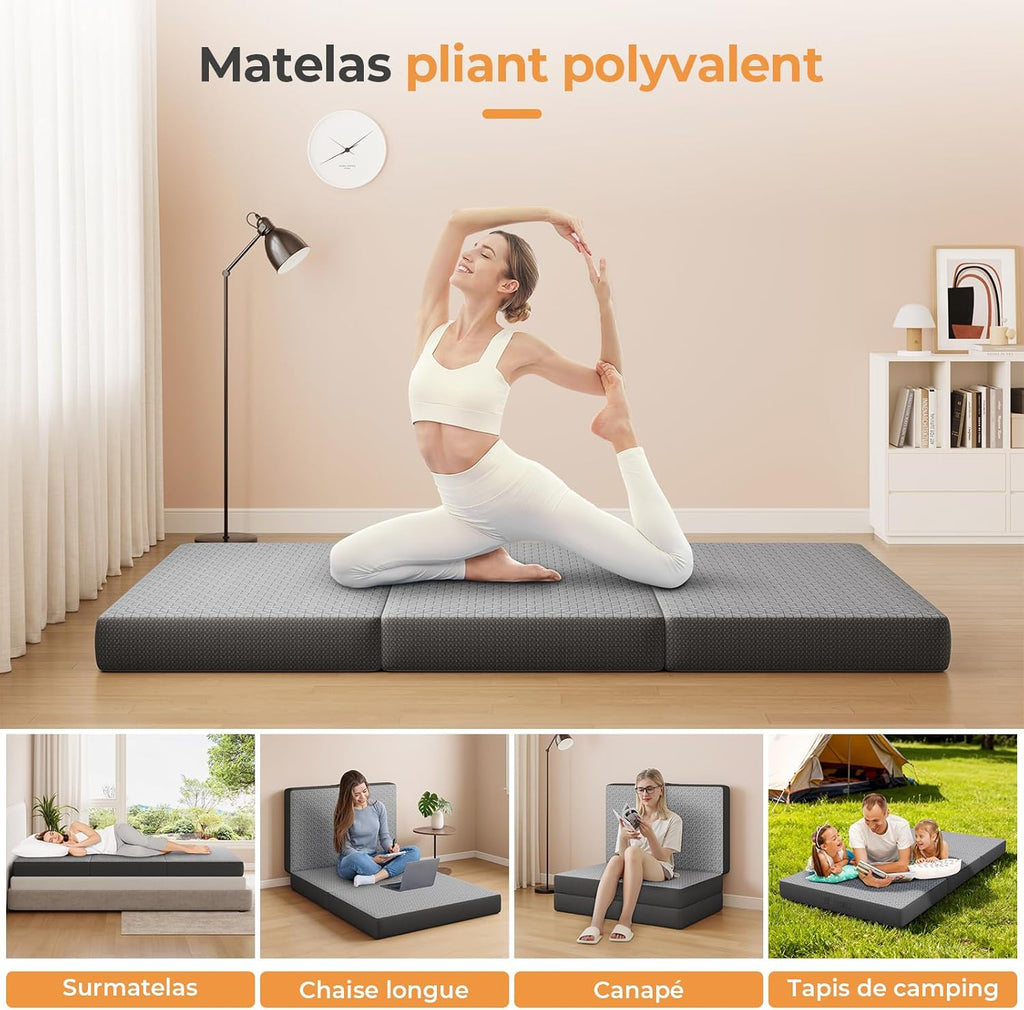 Vesgantti Matelas Pliable 120x190x15 cm avec Sac de Transport, Matelas d’Appoint Adulte en Mousse à Mémoire de Forme Gel, Lit Pliant pour Camping, Voyage, Voiture et Invités, Gris
