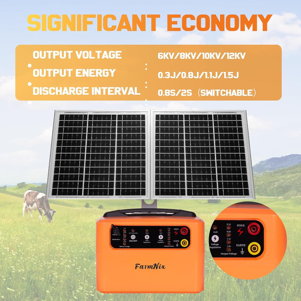 FarmNix 48KM Électrificateur Clôture Electrique Solaire, 6KV-12KV avec Panneau Solaire 15W & Batterie 7Ah 12V, 0.3-1.5J pour élevage d'animaux de berger, pour ferme, pâturage, jardin