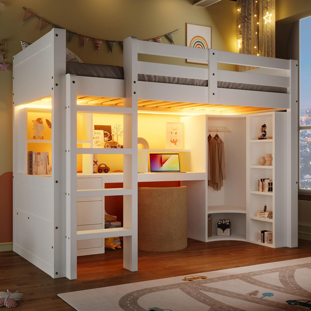 Lit Mezzanine 90x200 cm, Lit Superposé Enfant et Adulte avec Bureau, Lumières LED, Armoire, Échelle, 4 Tiroirs et Rangements, Blanc et Bois lit Mezzanine (90x200 cm)