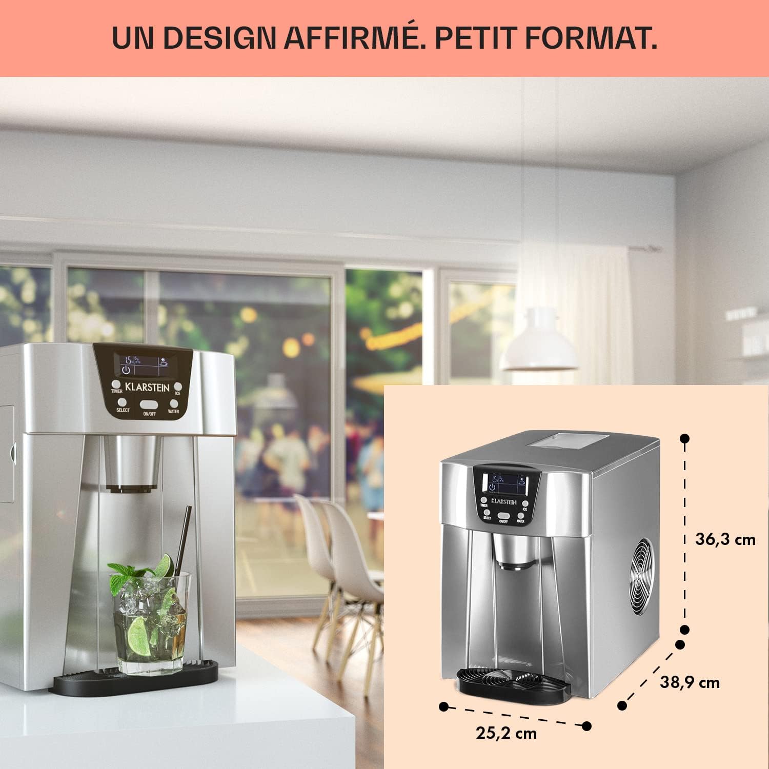 Klarstein Machine a Glacons pour la Maison, Capacité de 2L, Fabrique Rapidement Jusqu'à 12kg de Glacons, Alarmes de Sécurité, Machine à Glaçons de Comptoir, Ice Maker, Distributeur Eau Froide