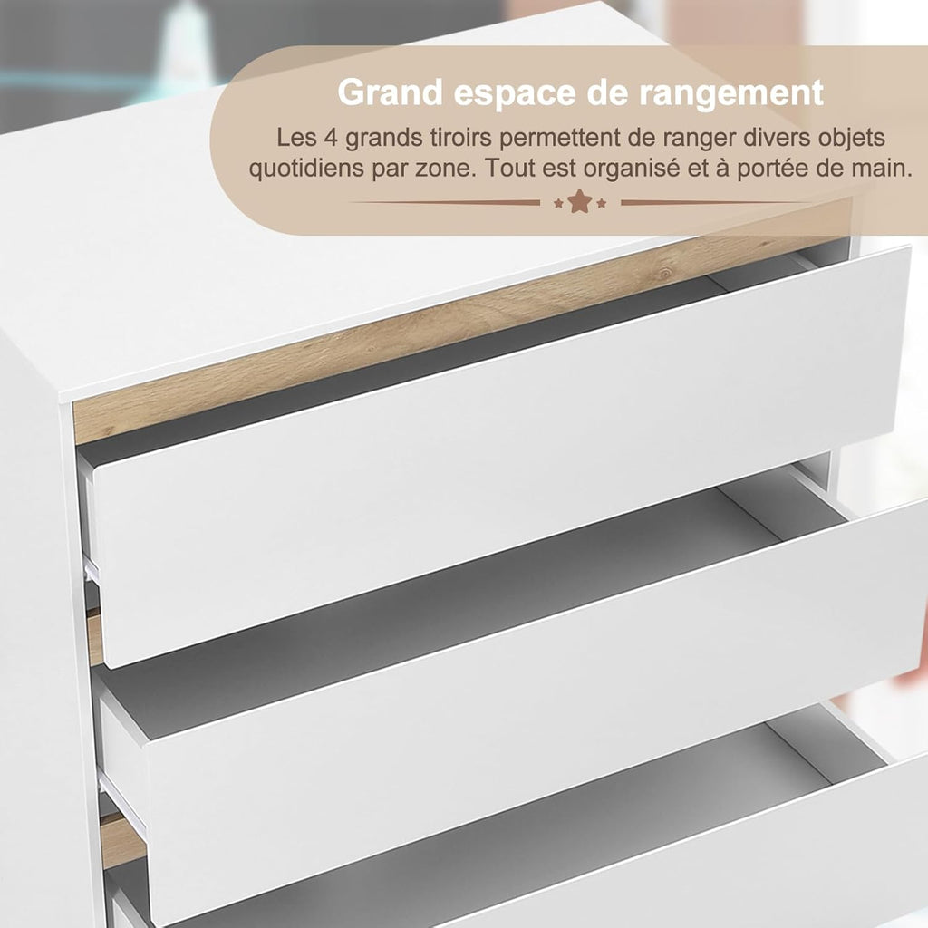 WOLTU Table à Langer + Commode avec 4 Tiroirs, Ensemble Meuble à langer pour Bébé, en Bois d’Ingénierie, Blanc + Chêne Clair, 80x75x109,2cm