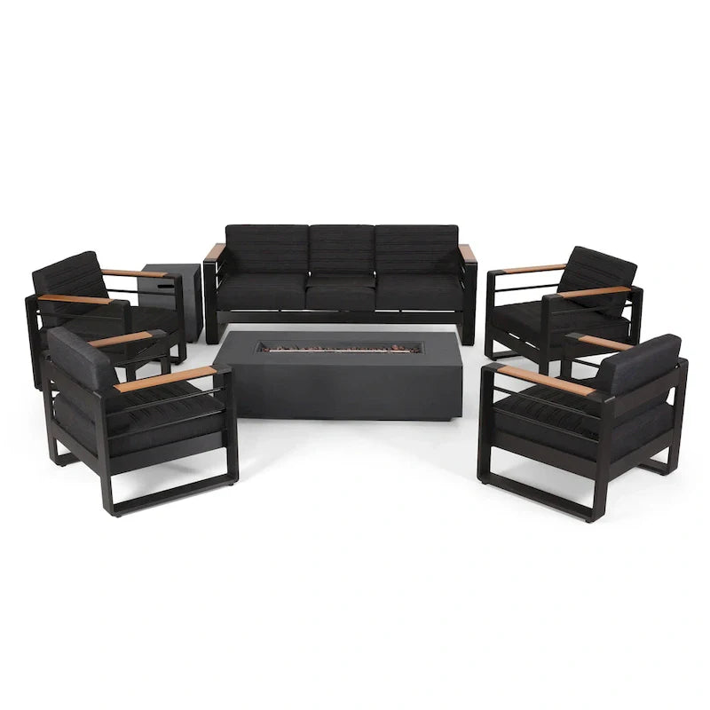 Giovanna Outdoor Aluminum 7 Seater Chat Set with Fire Pit by Christopher Knight Home
