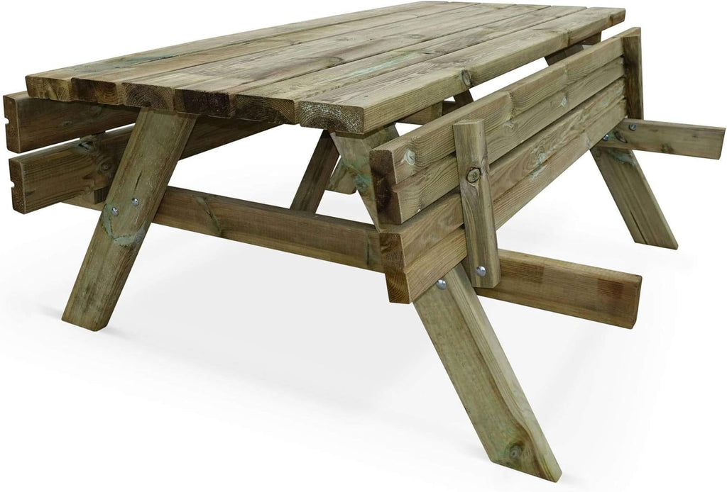 Alice's Garden - Table de Pique Nique Bois de pin + 2 bancs rabattables en Bois. 6 Places - PANCHINA - Table de Jardin Robuste en pin sylvestre