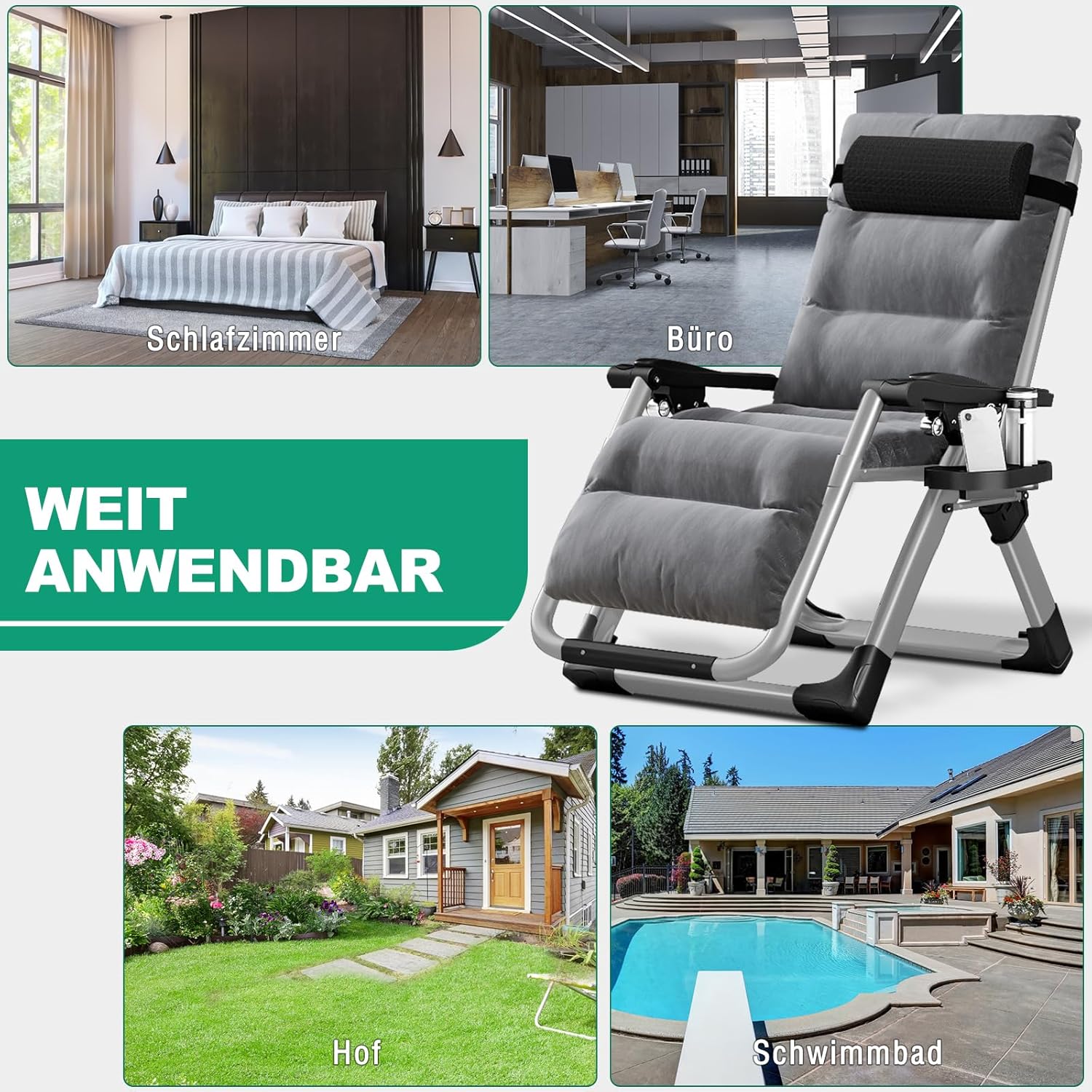 Chaise longue pliable, chaise de terrasse, capacité de charge 200 kg, chaise zéro gravité avec coussin de soutien, porte-boissons, chaise longue de jardin extra large réglable pour patio