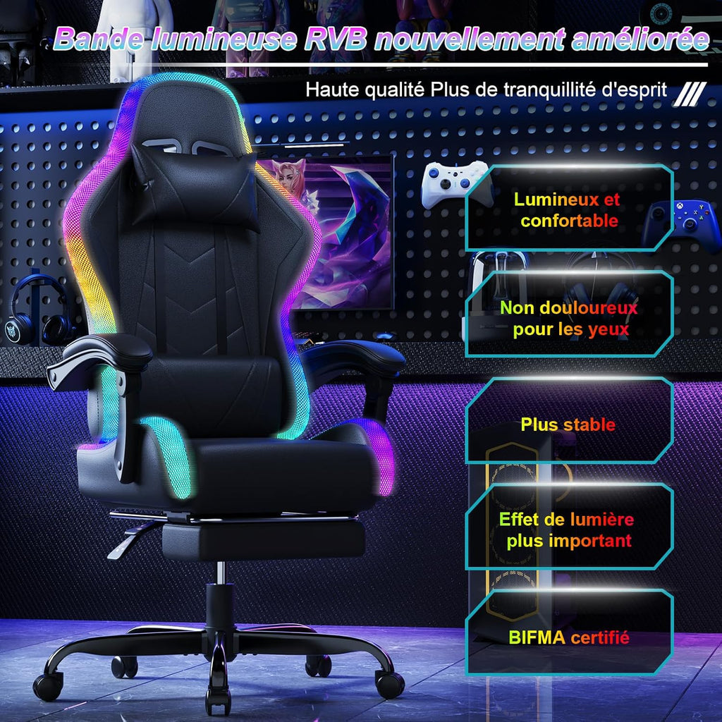 Devoko Chaise Gaming Ergonomique avec LED RGB, Massage Lombaire & Repose-Pieds – Fauteuil Gamer avec Appui-tête réglable – Dossier inclinable & Hauteur Ajustable – 180 kg – Noir