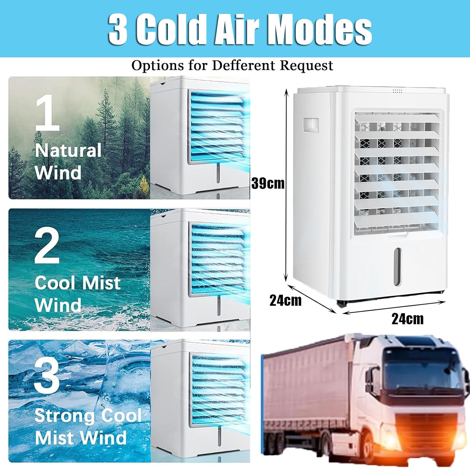 Tonuuoei Climatiseur pour Camping-Car, Refroidisseur d'air par éVaporation, Ventilateur Portable 4 en 1 avec TéLéCommande, Blocs RéFrigéRants, 3 Vitesses, Camions, Voitures Et Bus,24V