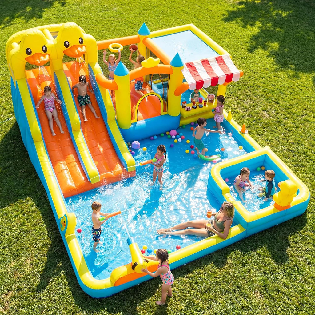 Hapfan Château Gonflable 11-en-1 avec Double Toboggan Aquatique – Piscine, Pistolet à Eau, Mur d’Escalade & Panier de Basket pour Les Plus Grands –520 * 445 * 245cm, Idéal pour Une fête de Jardin