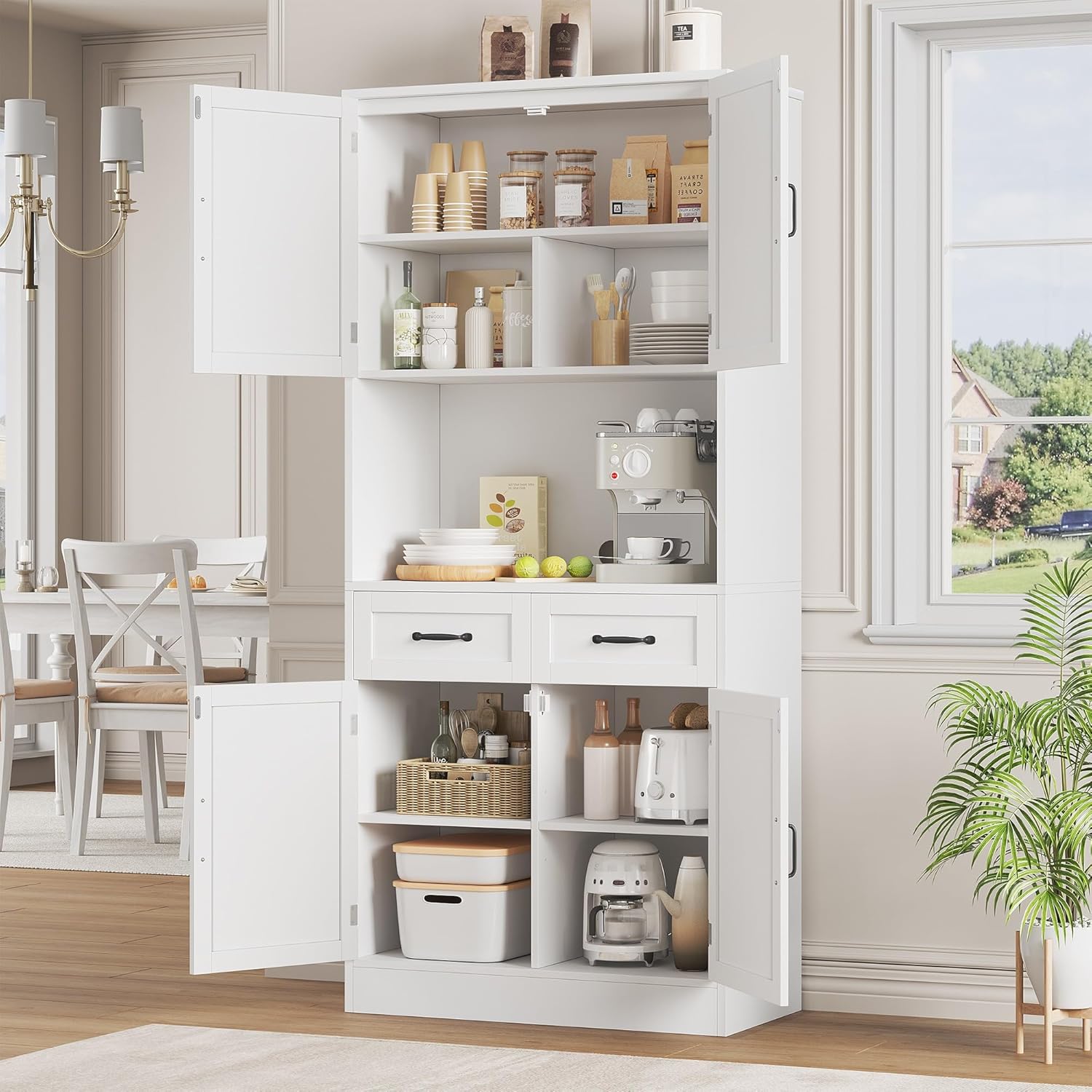 HOCSOK Buffet Haut Cuisine, 180 cm Armoire Cuisine avec 4 Portes et 2 Tiroirs, Meuble de Rangement avec Etagères Réglables, Vaisselier Vitrine, Blanc