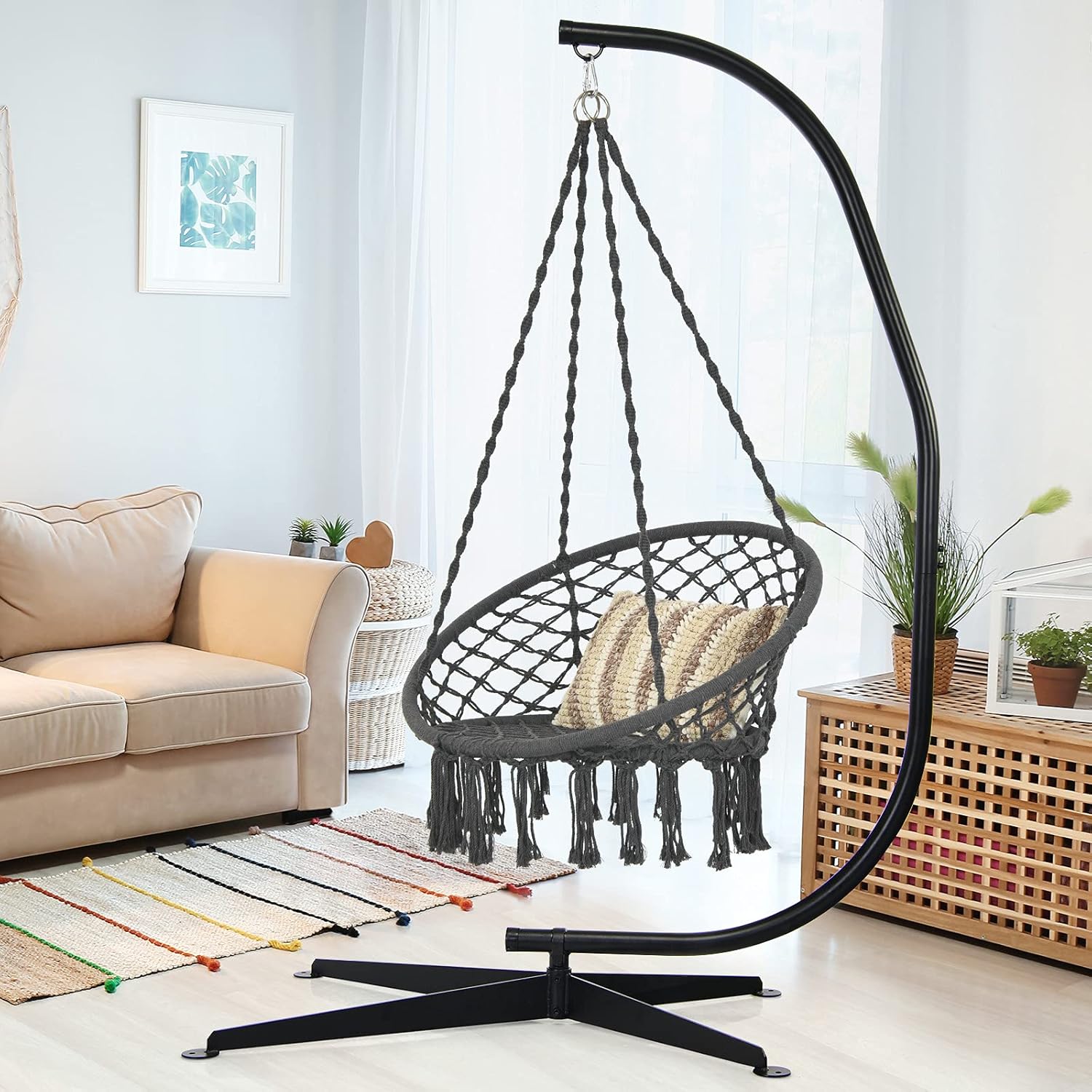 GIANTEX Support Fauteuil Suspendue Structure Métallique Robuste, pour Fauteuil Hamac Suspendu d'Intérieur et d'Extérieur/Balançoire Nid d'Oiseau, Charge de 150 kg, 111 x 84 x 207 cm, Noir