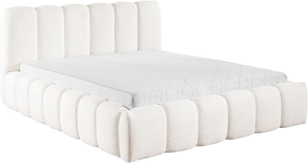 FURNISTAR MIA Lit capitonné avec coffre de lit, lit 140 x 200 cm, lit double avec espace de rangement et sommier à lattes, aspect lit à sommier tapissier, sans matelas, chambre à coucher - Blanc