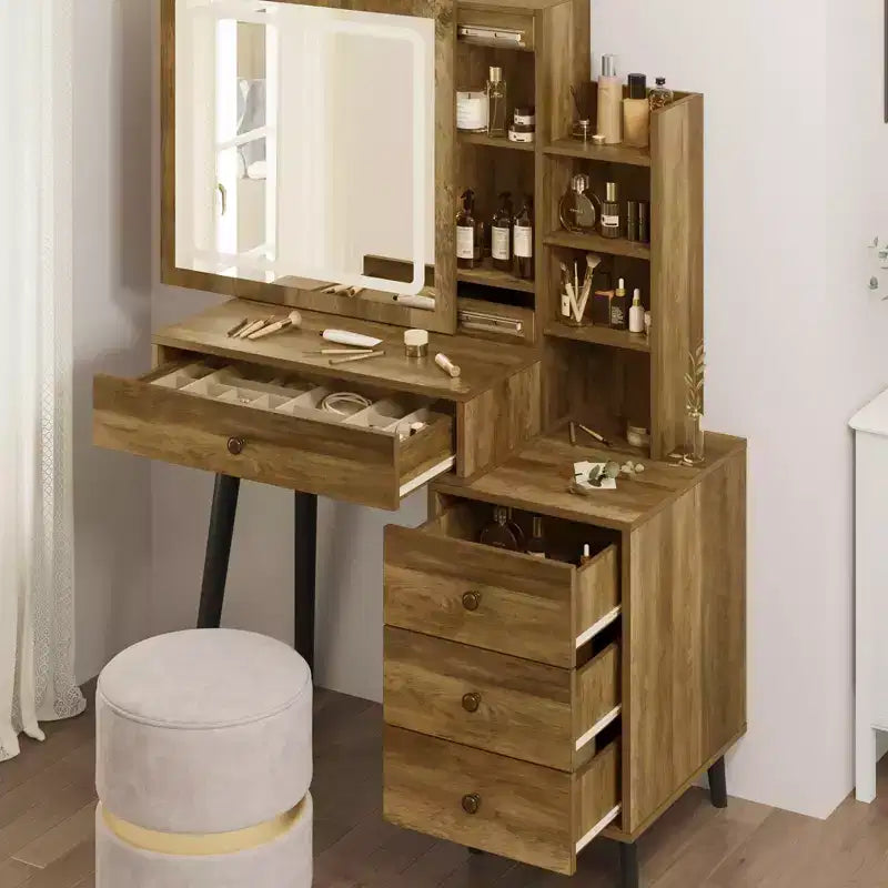 Coiffeuse avec miroir lumineux, table de maquillage Hollywood 3 couleurs dimmable avec 4 tiroirs