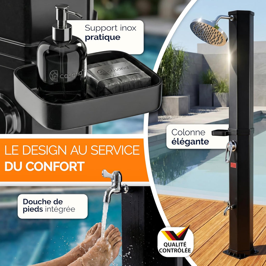 Casaria® Douche Solaire Jardin 35 L - 216 cm - Pommeau de Douche pivotant Ø15 cm - Douchette extérieur Eau Chaude - avec raccord Tuyau d'Arrosage & Housse de Protection - Piscine, Terrasse, Camping