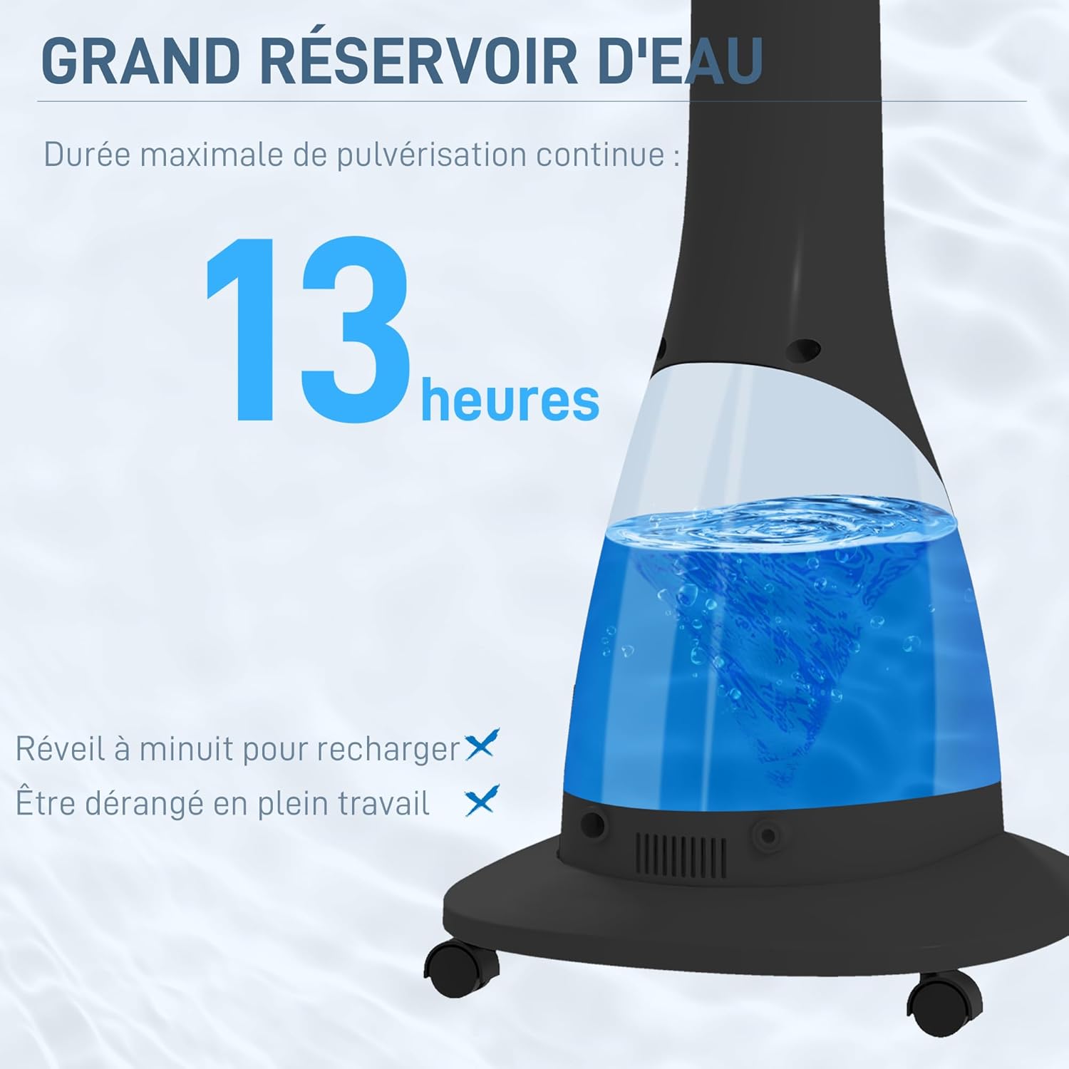 HOMCOM Ventilateur brumisateur sur roulettes ventilateur sur pied 90 W télécommande affichage LED télécommande minuterie 3 modes 3 vitesses oscillant, inclinable réservoir 3L - noir