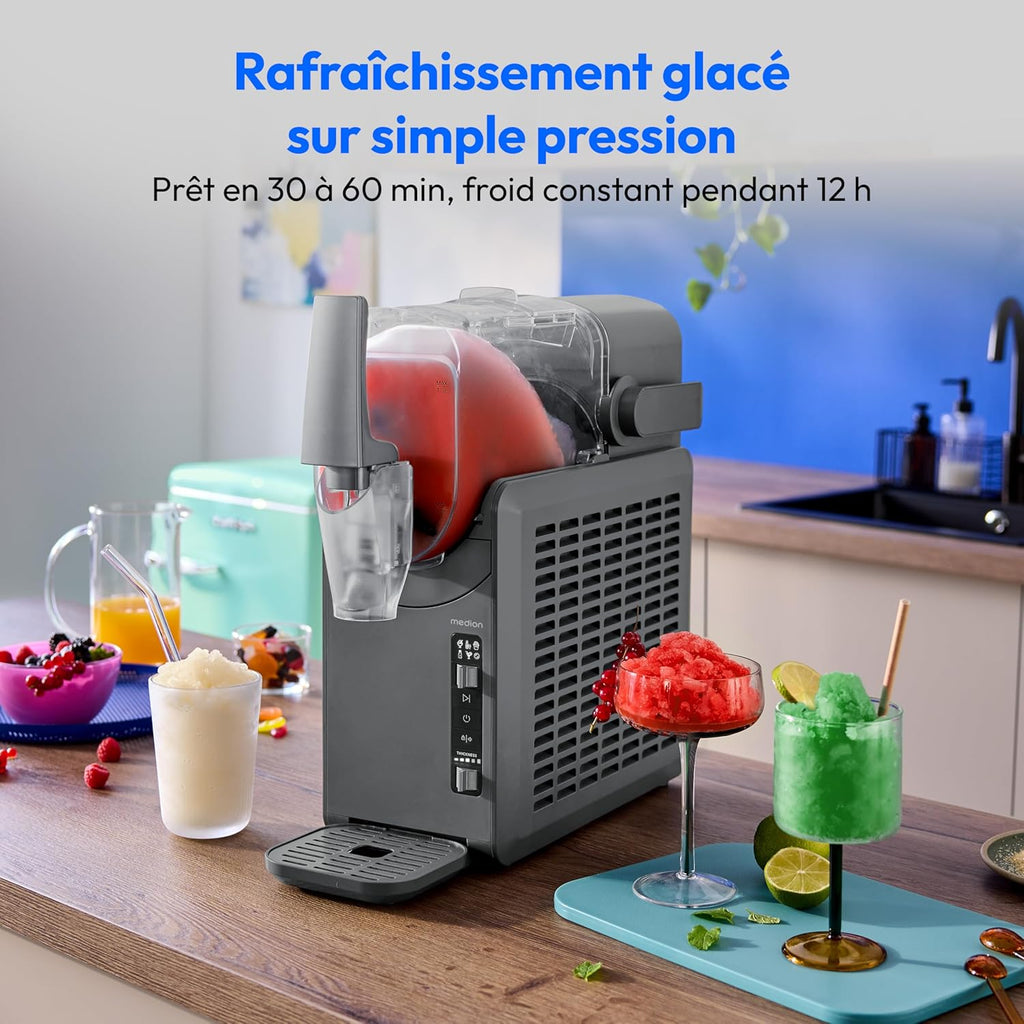 MEDION Machine à granité (boissons glacées, capacité 2,6L, réservoir 1,9L, slush machine pour boissons, 5 modes de boisson, machine a glace, préparation en 30–60min, compresseur, MD12090)