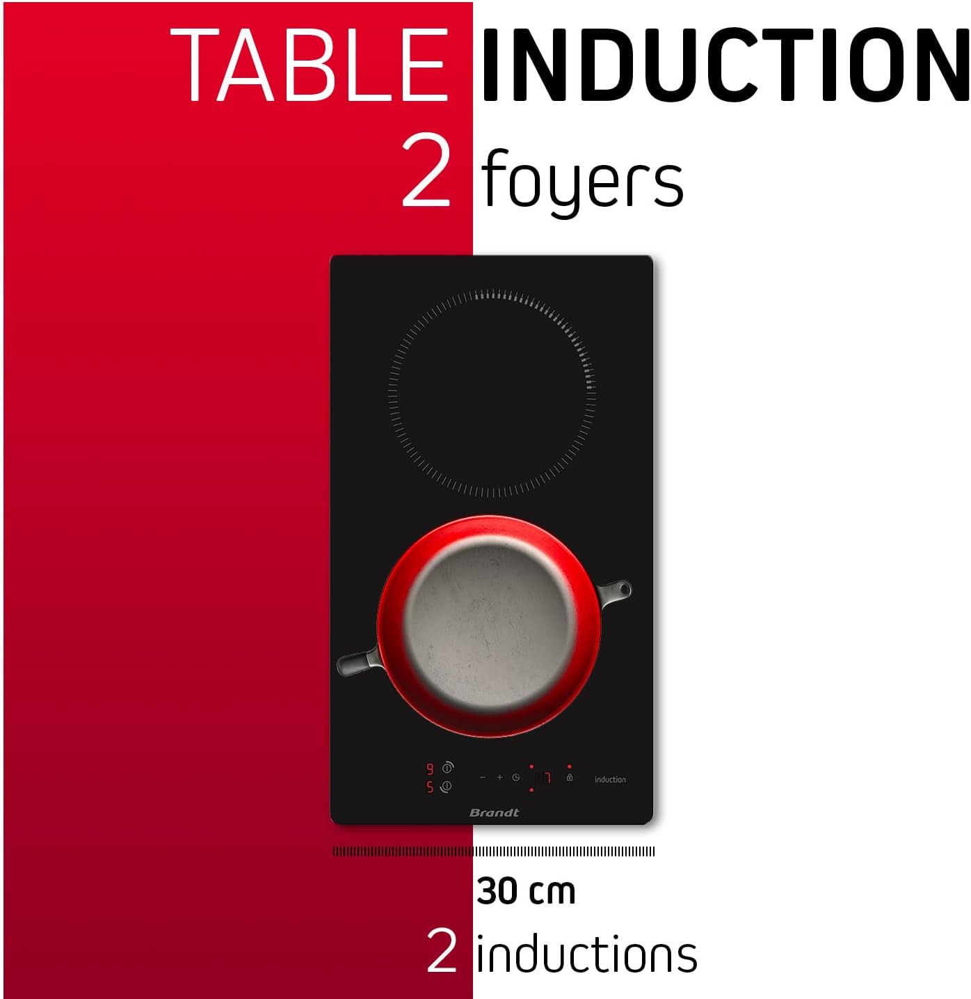 Brandt - BPI6210B - Plaque Induction - Table de Cuisson Encastrable - Noir - 2 Foyers - 3600W - Dimensions Encastrement : 27x49cm - Minuterie Automatique - Fabriqué en France