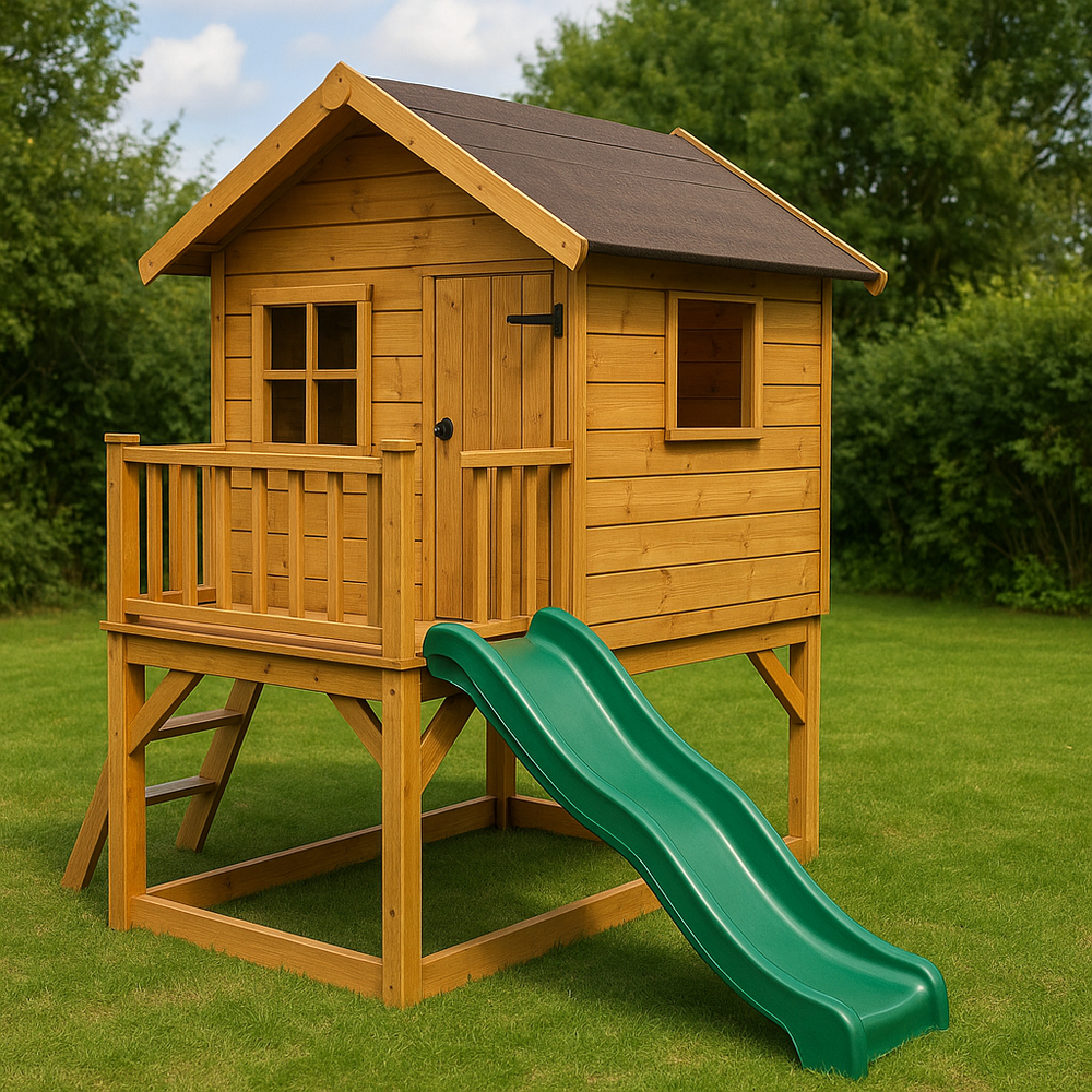 Cabane sur pilotis en bois avec toboggan et terrasse