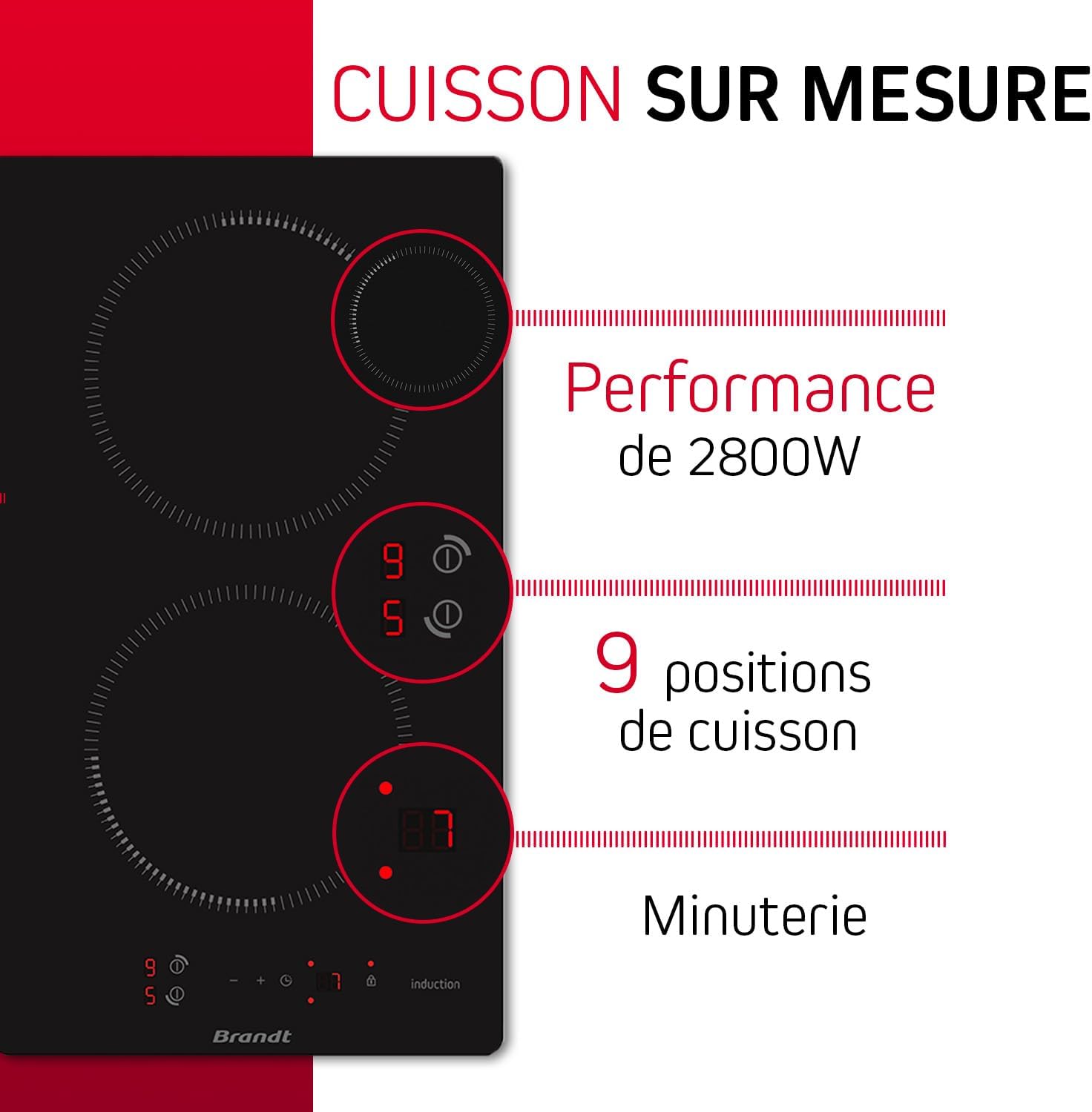 Brandt - BPI6210B - Plaque Induction - Table de Cuisson Encastrable - Noir - 2 Foyers - 3600W - Dimensions Encastrement : 27x49cm - Minuterie Automatique - Fabriqué en France