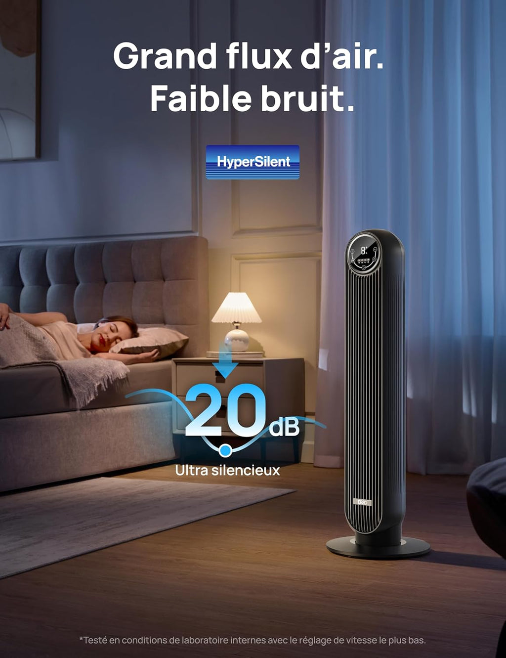 Dreo 20dB ventilateur colonne silencieux pour chambre, 7,6 m/s, oscillant à 90°, 92 cm, avec télécommande, ventilateurs tour équipés de 4 vitesses, 4 modes, et minuterie 8H, noir, Nomad One