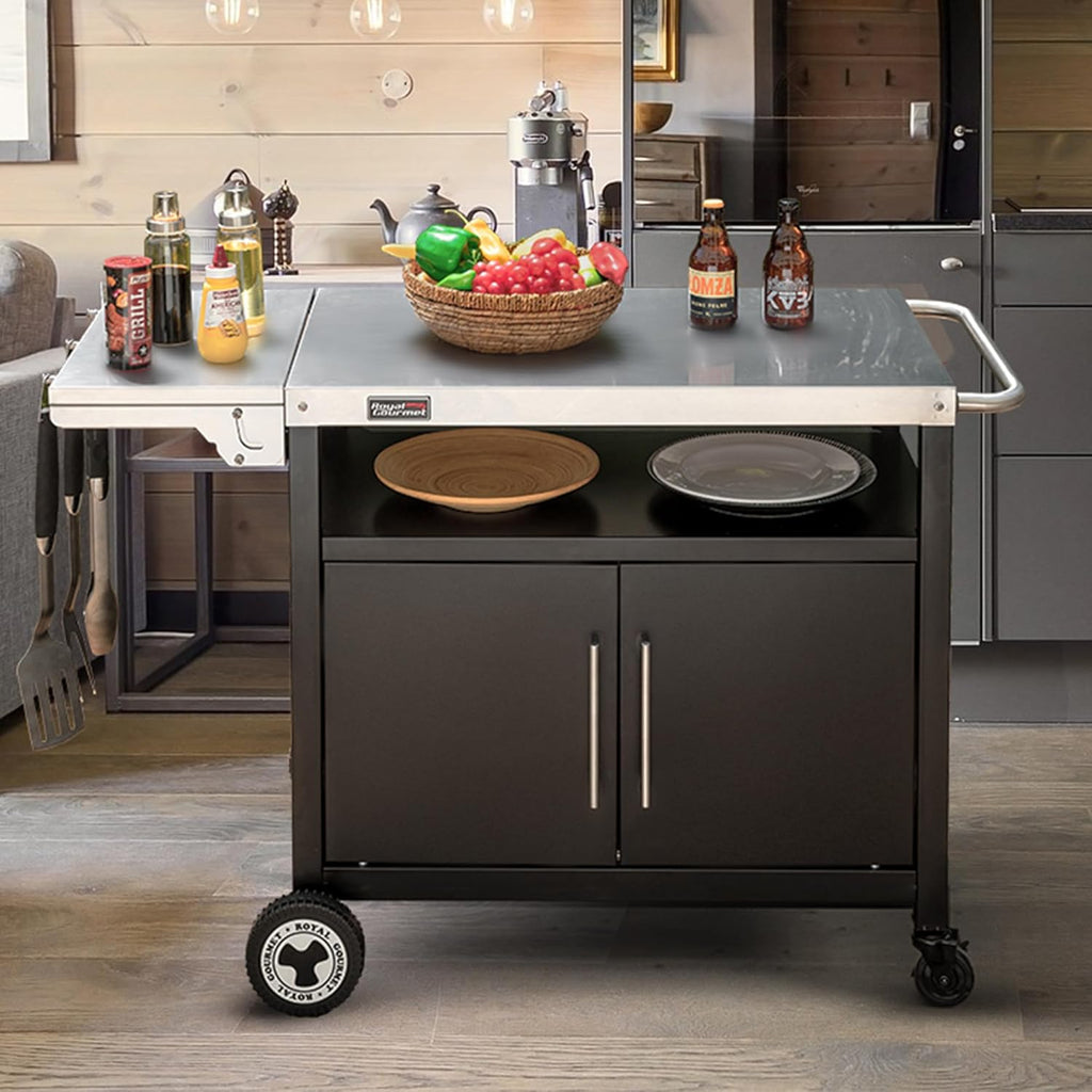 Royal Gourmet Chariot de Barbecue avec Porte d'Armoire, Desserte Extérieure pour Plancha avec Dessus de Table en Acier INOX 85 x 50cm et Table d'Appoint Pliable de 30 x 50cm, pour Cuisine et Jardin