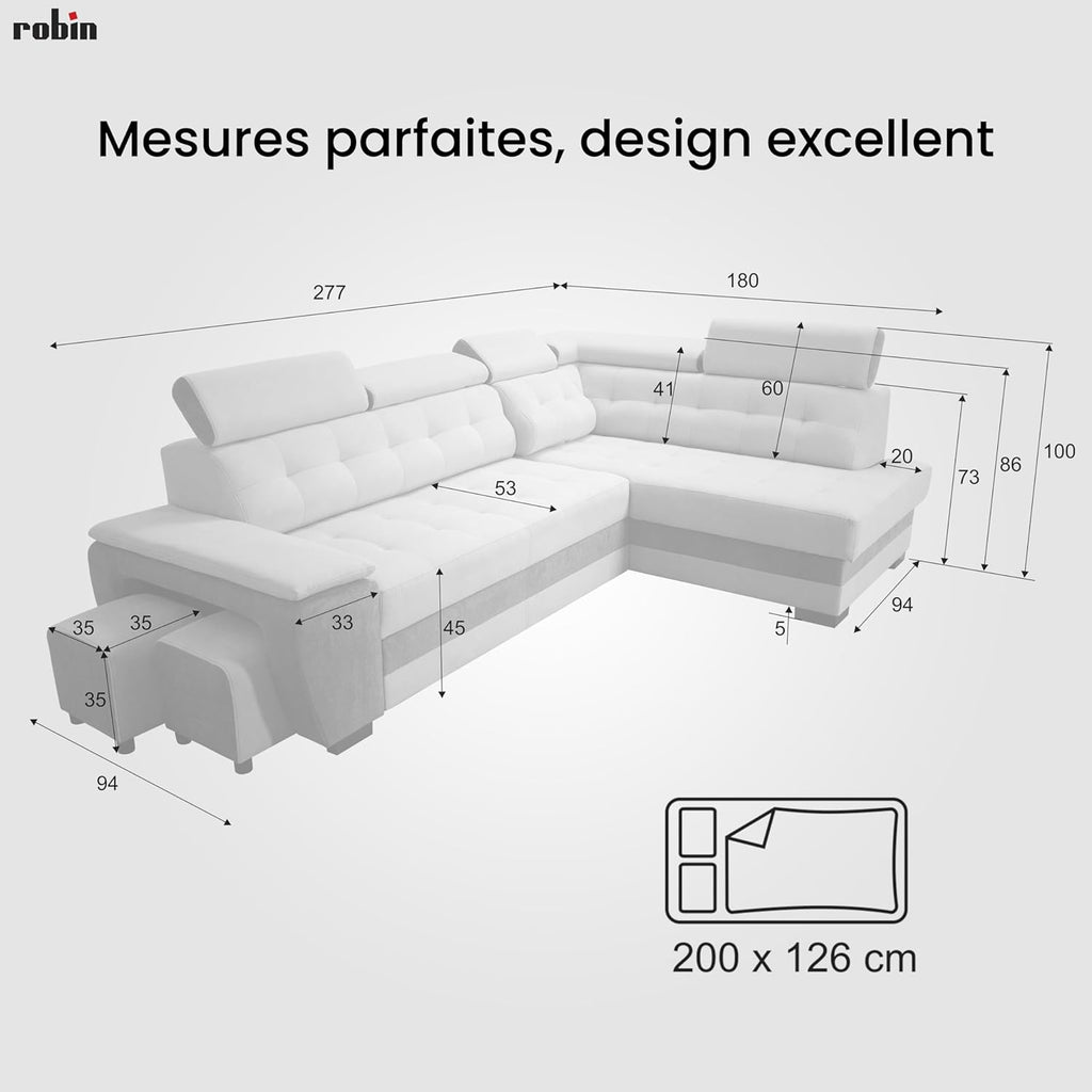 Robin Grand canapé d'angle Convertible avec Coffre de Rangement et Deux tabourets - Canapé d'angle autoportant en Forme de L - Appuie-tête réglables