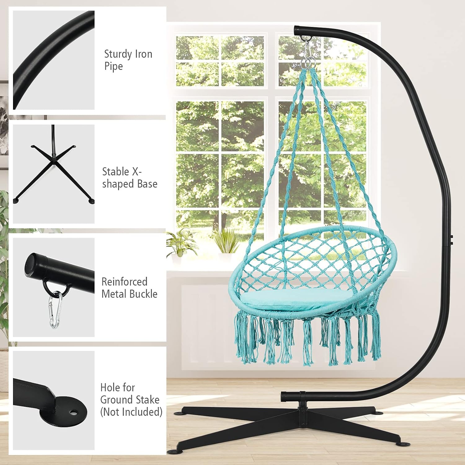 GIANTEX Support Fauteuil Suspendue Structure Métallique Robuste, pour Fauteuil Hamac Suspendu d'Intérieur et d'Extérieur/Balançoire Nid d'Oiseau, Charge de 150 kg, 111 x 84 x 207 cm, Noir