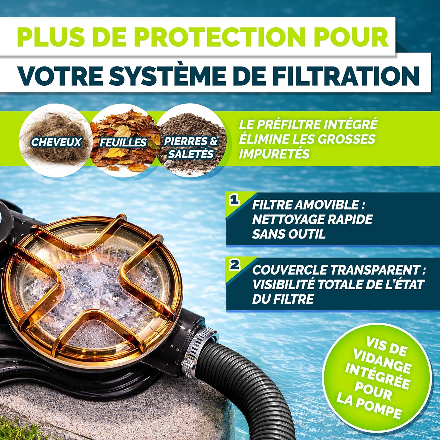 tillvex® Système de Filtre à Sable 13 200L/h jusqu'à 40 000L + 1200g Boules Filtre | 7 Fonctions & Adaptateur 2en1 Ø32-38mm | Filtre piscine & indicateur de pression (Vert, Avec minuterie)