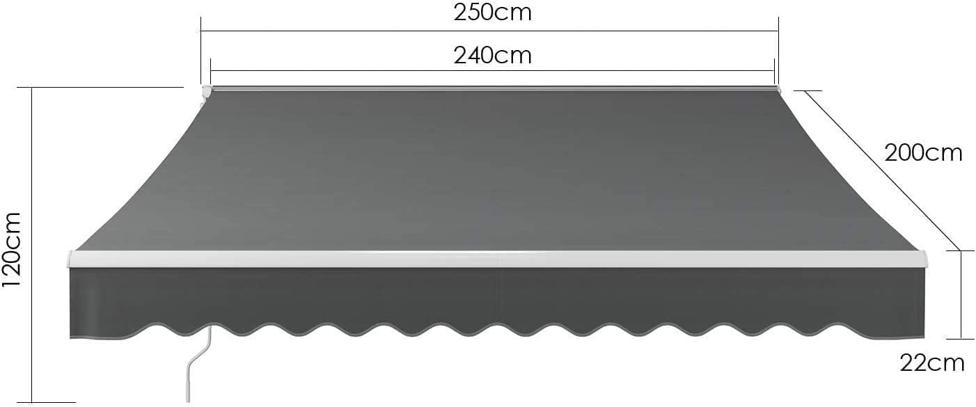 Store Banne Manuel, 250 x 200 cm, Auvent Rétractable à Bras Repliable, Store Articulé, avec Support Mural, Manivelle, Imperméable, Aluminium/Polyester, pour Balcon, Resto, Café, Anthracite
