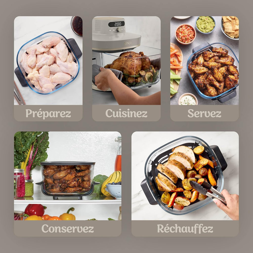 Ninja CRISPi PRO XL, Friteuse sans huile en verre, 5 modes de cuisson prédéfinis, avec contenants en verre CleanCrisp de 5,7 l et 2,3 l, couvercles de rangement, Stone/Or AS090EUSD