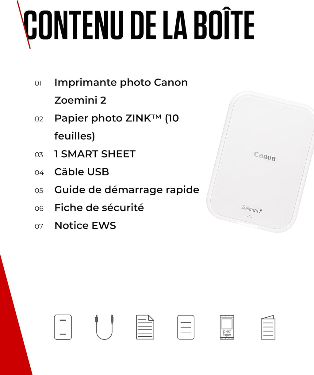 Canon Zoemini 2 Imprimante Photo Portable - Mini Imprimante Portable - Mini Imprimante Photo - Compacte et sans Fil - Bluetooth 5.0 et Charge Rapide Type-C - Imprimante de Voyage, Perle Blanche