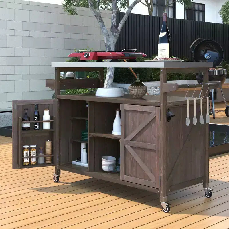 Okak Outdoor Kitchen Island with Stainless Steel Top, Wooden Kitchen Cart with Doors, Shelves and Spice Rack, Rolling Kitchen Island
