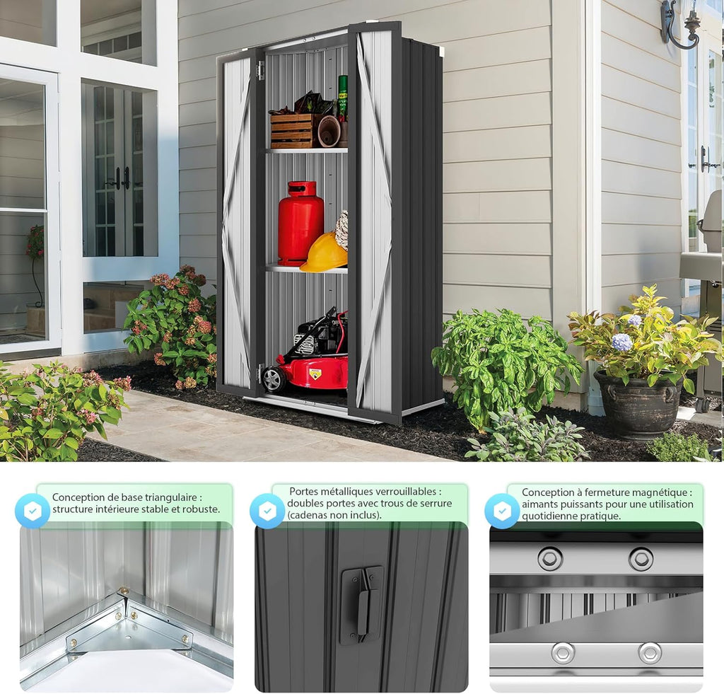 YODOLLA Abri de Jardin Métal, Armoire de Rangement Extérieure à 3 Niveaux, Étagères Réglables & Portes Verrouillables pour Jardin, Garage, Stockage d'Outils, 76 x 55 x 178 CM, Gris foncé