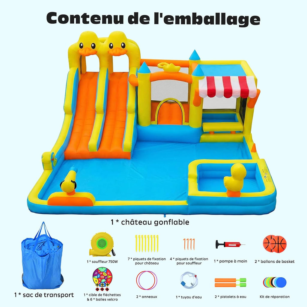Hapfan Château Gonflable 11-en-1 avec Double Toboggan Aquatique – Piscine, Pistolet à Eau, Mur d’Escalade & Panier de Basket pour Les Plus Grands –520 * 445 * 245cm, Idéal pour Une fête de Jardin