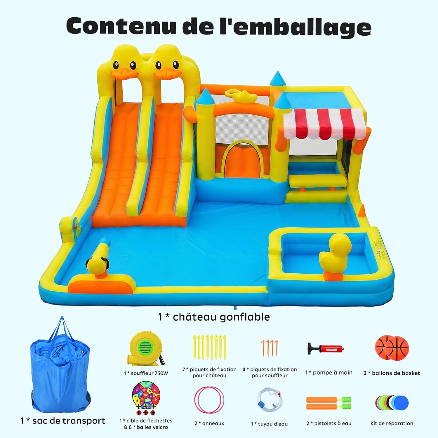 Hapfan Château Gonflable 11-en-1 avec Double Toboggan Aquatique – Piscine, Pistolet à Eau, Mur d’Escalade & Panier de Basket pour Les Plus Grands –520 * 445 * 245cm, Idéal pour Une fête de Jardin