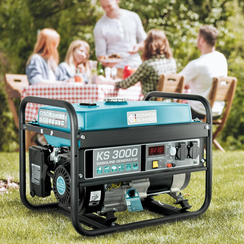 Groupe électrogène à essence 3000 puissance max 3000 W, prises Schuko 2x16A (230 V), EURO-V, régulateur de tension automatique (AVR),moteur électrique enroulement 100% cuivre,generateur de courant