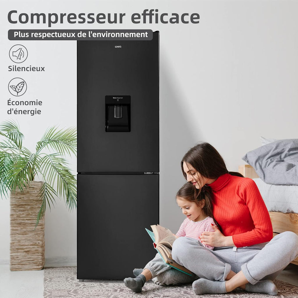 CHIQ Réfrigérateur congélateur bas FBM228NE4DE 231L (161 + 70) Froid ventilé, No Frost, Acier inoxydable noir, portes réversibles, 42 db, 12 ans de garantie sur le compresseur