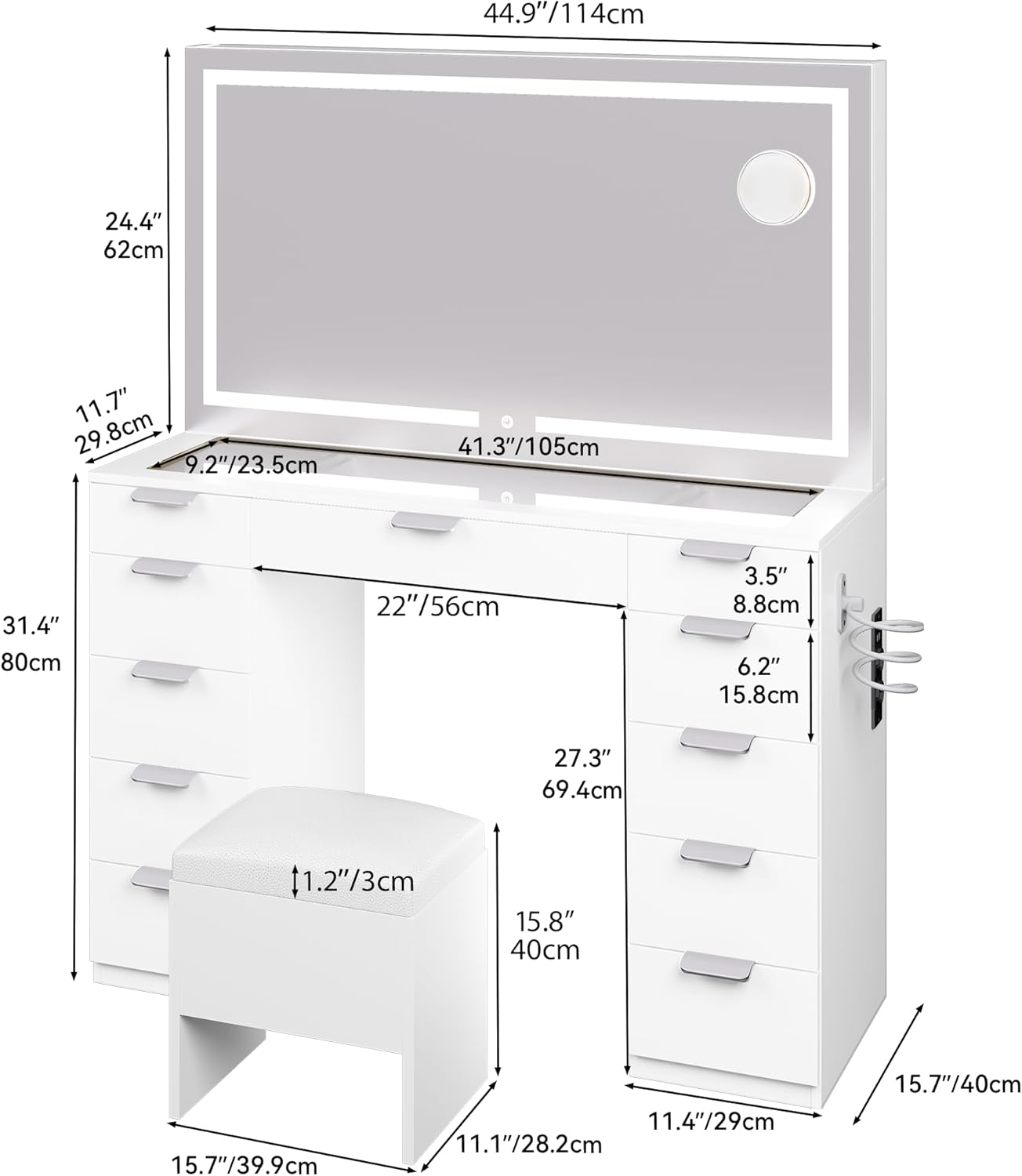 Grande Coiffeuse avec éclairage LED réglable et Prises électriques, Coiffeuse avec Miroir, Toit en Verre Transparent, 11 tiroirs et Tabouret, Blanc