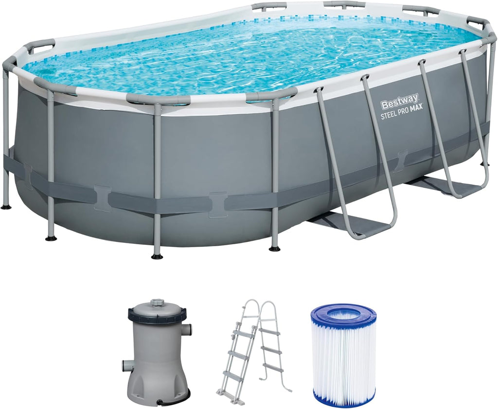 Bestway Power Steel Frame Piscine avec Pompe de Filtration 427 x 250 x 100 cm, Gris, Ovale
