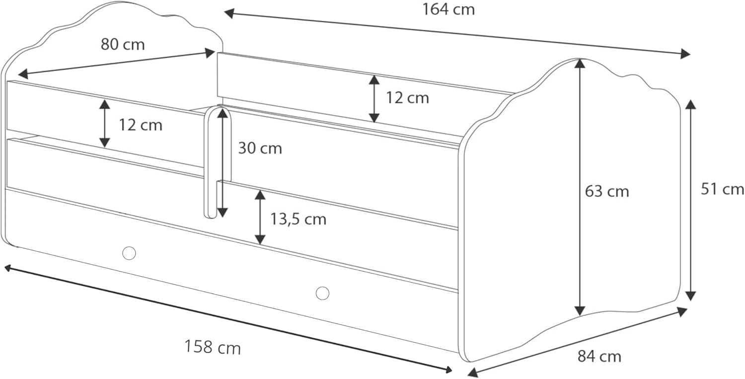 KOBI Lit Enfant FALA Blanc | avec Rangement é Tiroir | 160x80 cm | Lit Garcon Petite Fille Lits pour Enfants | avec Un Matelas et Un Cadre | Meuble la Chambre Bebe | Lit Simple avec Barriere