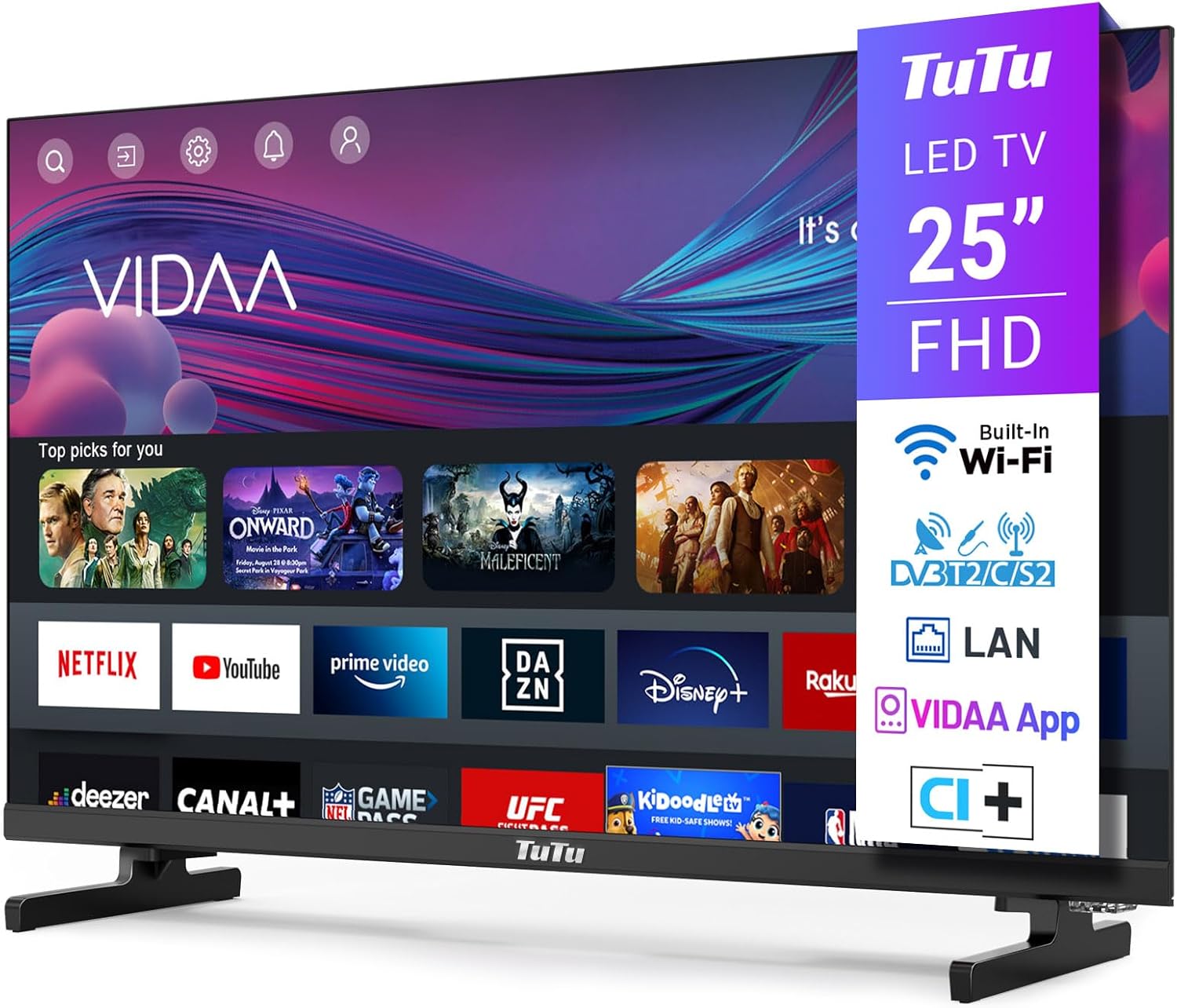 TuTu Smart TV 25 Pouces (64 cm) FHD LED WiFi Connectée Téléviseurs sans Bord VIDAA OS avec Triple Tuner, VIDAA Remote App, Molotov, Netflix, Prime Video, Disney+, Youtube, TUV25FQ1B