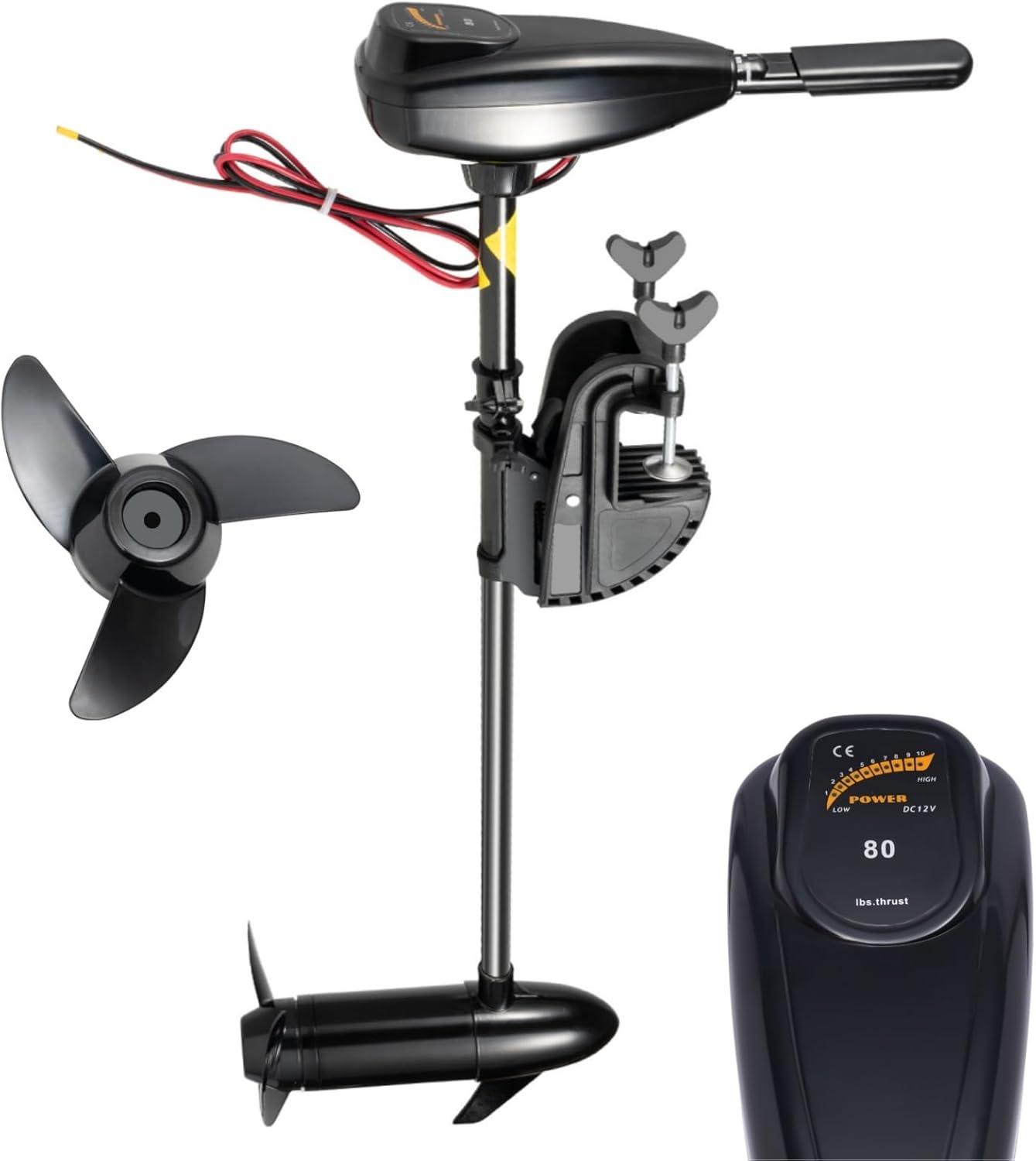 Moteur électrique 80LBS 12V hors-bord pour bateau, mise à niveau du moteur hors-bord électrique 800W avec une traction de 839 kg | 5 vitesses avant+3 vitesses arrière | Réglable en hauteur | Avec