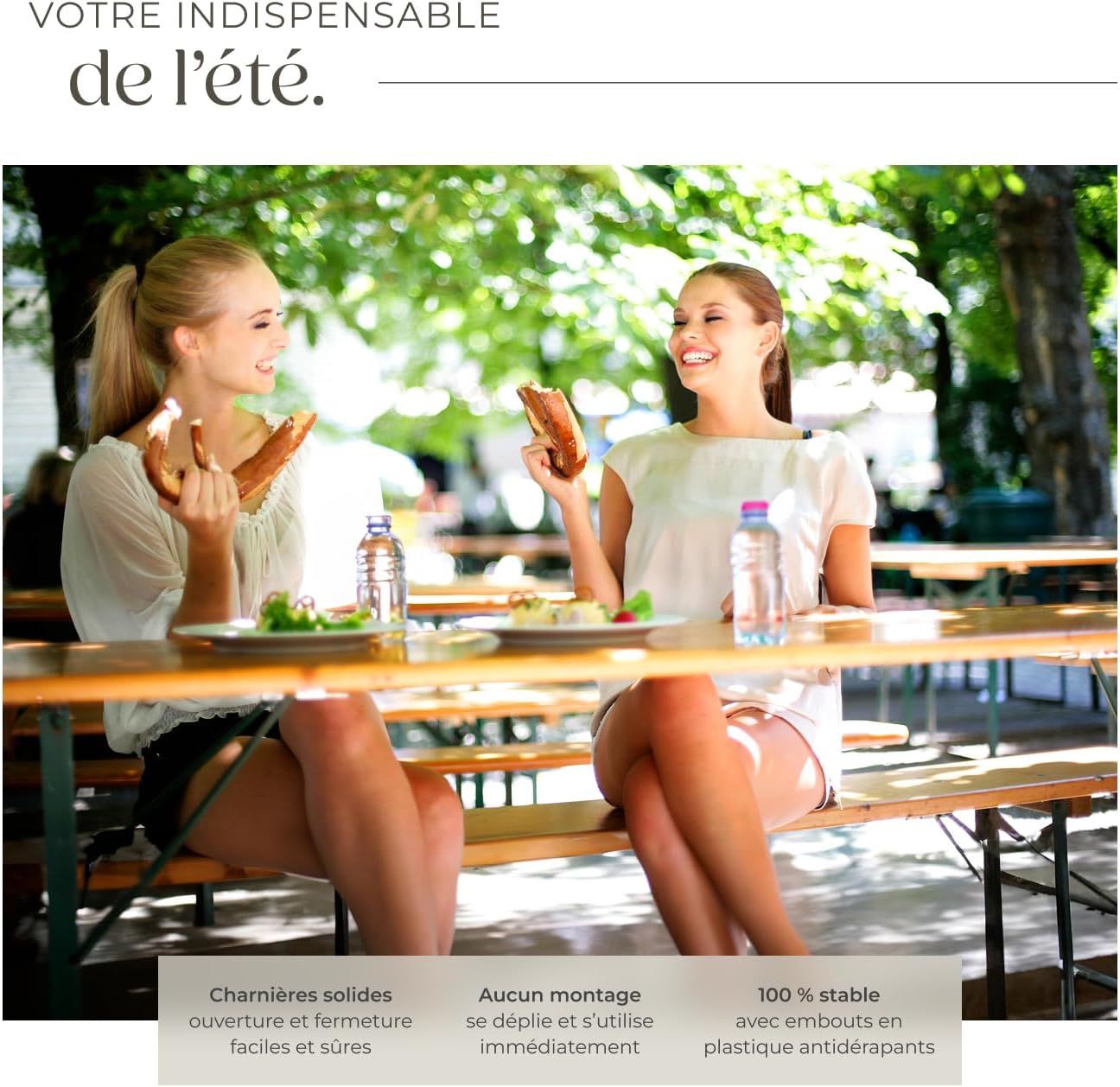 tectake® Ensemble de Table extérieure et Banc en Bois de Brasserie 3 pcs. Salon de Jardin Pliable & Peu encombrant, avec Support Parasol, Mobilier Solide pour Pique Nique Réceptions Barbecue Mariage