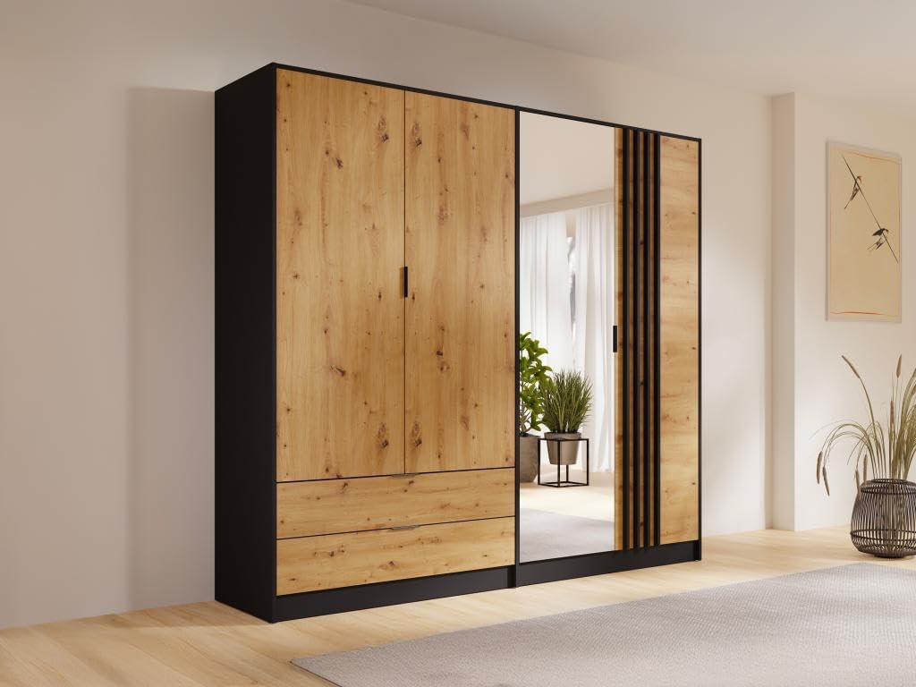 Vente-unique - Armoire 4 Portes et 2 tiroirs - avec Miroir - L220 cm - Coloris : Noir et Naturel - TUNALO