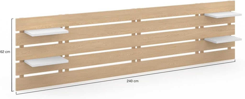 IDMarket - Tête de lit Suspendue 5 Larges Lattes Nina 240 cm Bois Clair et étagères Blanches