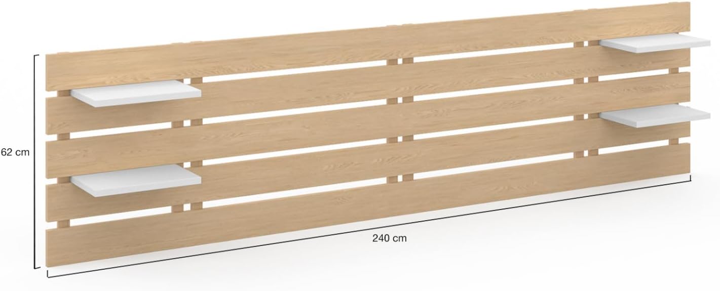 IDMarket - Tête de lit Suspendue 5 Larges Lattes Nina 240 cm Bois Clair et étagères Blanches