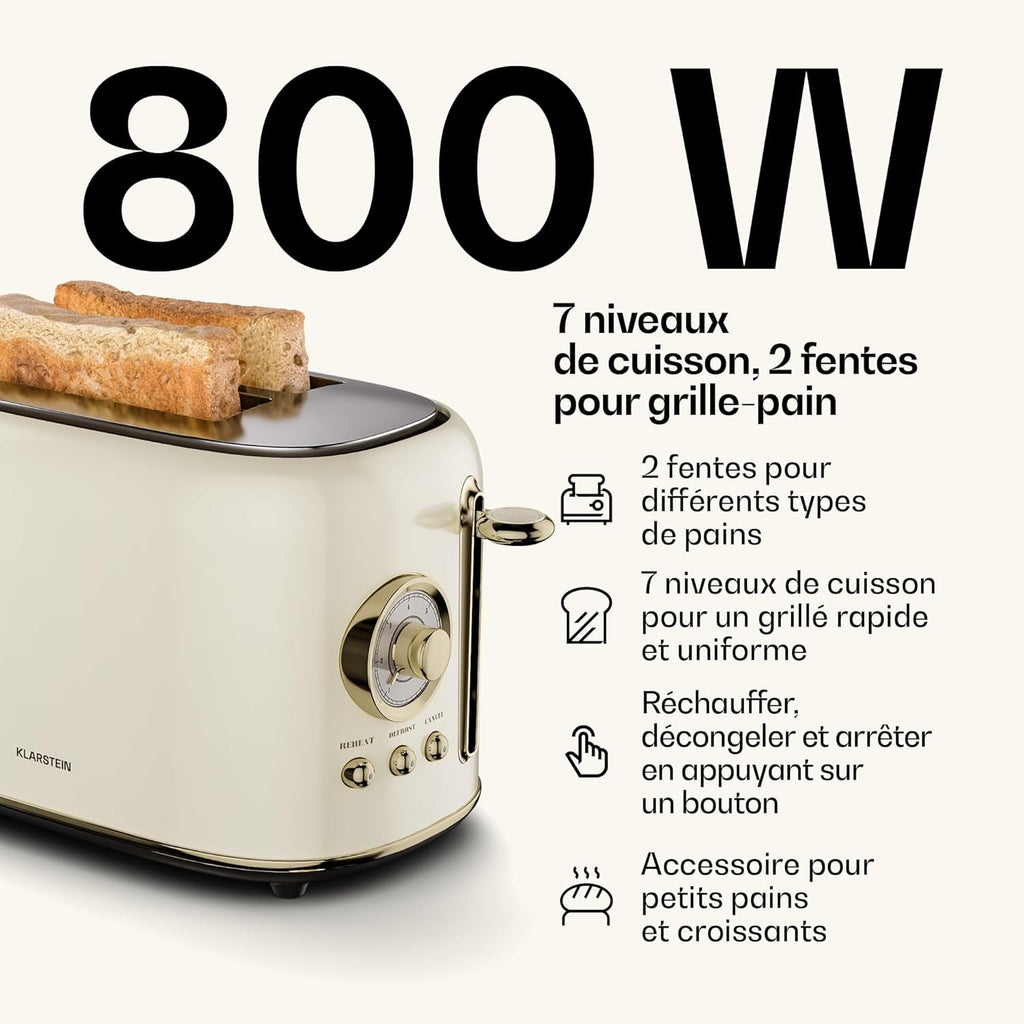 Klarstein Victoria Set Petit-Déjeuner Complet – Grille-Pain 2 Fentes 7 Niveaux, Bouilloire Électrique 1,7L, Cafetière Filtre 12 Tasses, Design Rétro, Support à Petits Pains, Cream