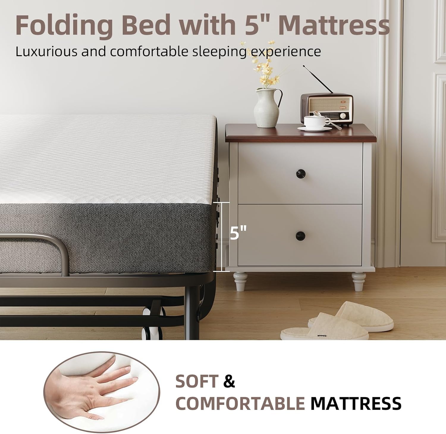 CAIYUN Lit Pliant 1 Personne 100 x 190 cm Lit Pliable Adulte avec Matelas en Mousse de 13 cm, Lit d'Appoint Pliable à 4 roulettes et Sommier à Lattes en Métal pour Invités, Charge 200 kg, Noir